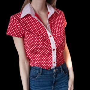 Vintage Objex Retro Mod 60s White and Red polka dot Blouse